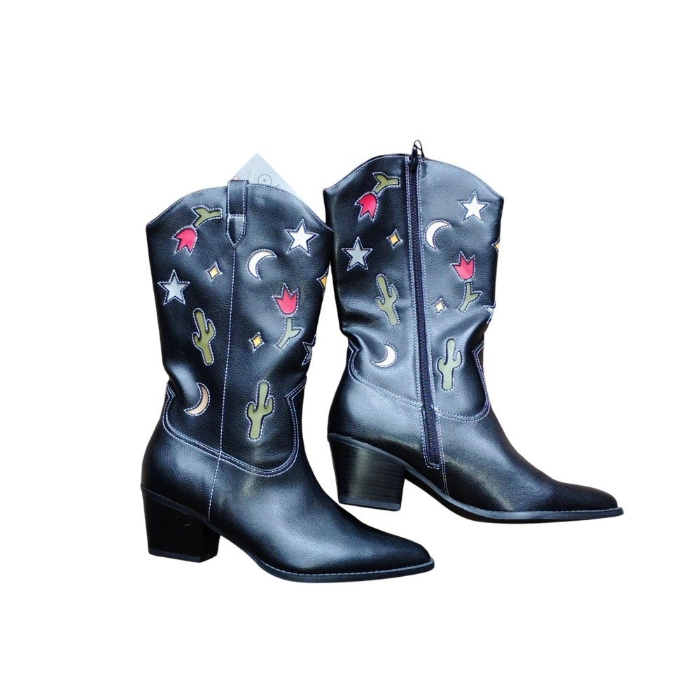 Western core Black Cowboy Boots Zip Block Heel Size 11—Boho Rodeo Festival